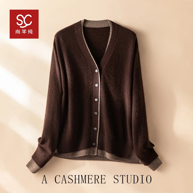 调色盘~时髦撞色假两件山羊绒V领宽松针织短款开衫外套女R25005