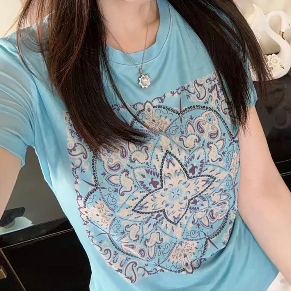 夏季新款欧货复古时尚圆领印花短袖T恤气质减龄百搭显瘦上衣1735