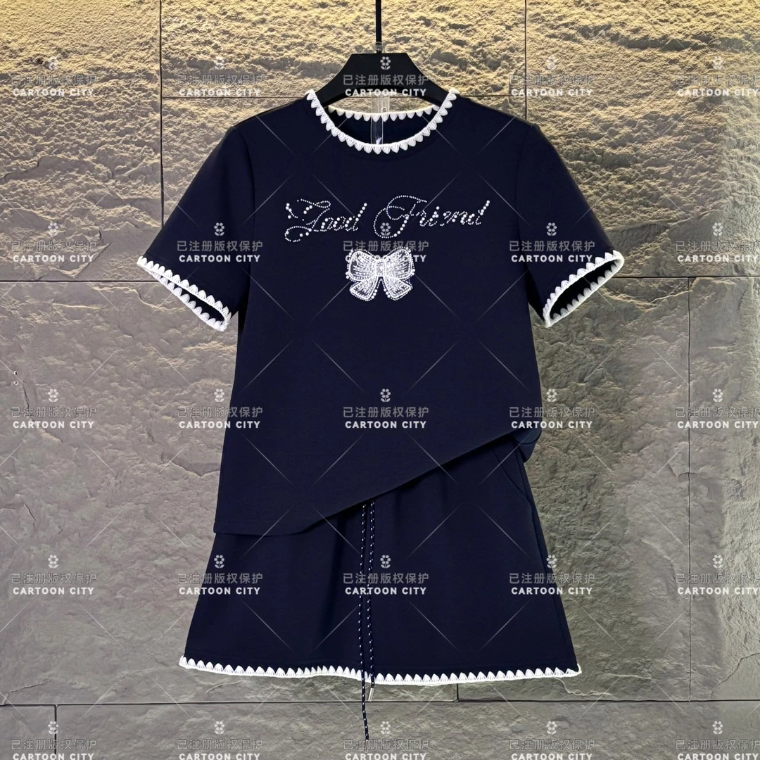 编码45WMA-A250<珍珠蝴蝶结>丨宽松版夏季T恤短裙休闲套装