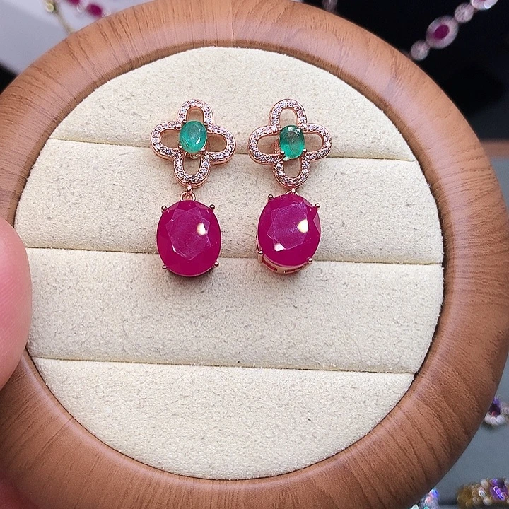 耳饰银S925镶嵌红宝石