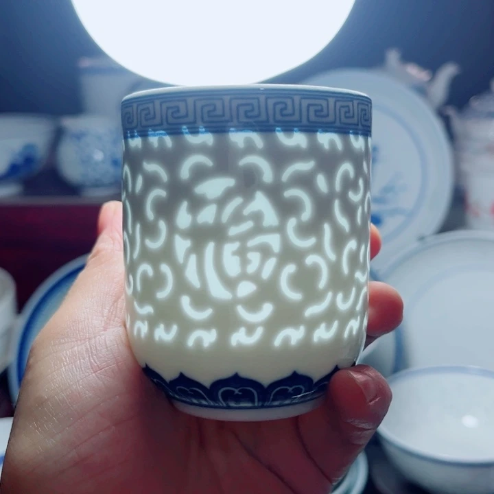 青花玲珑可乐杯满雕素玲珑