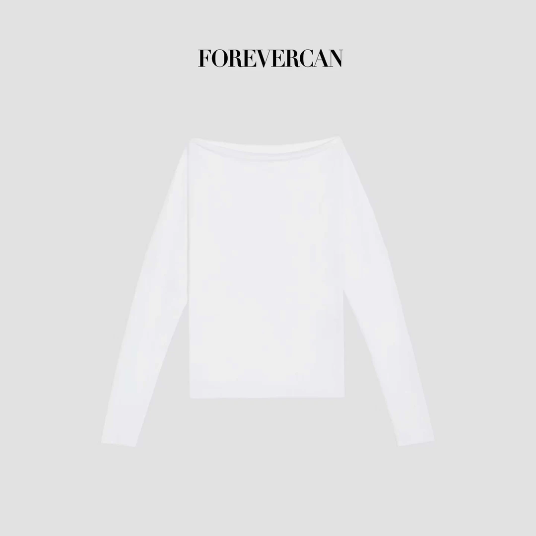 FOREVERCAN“云肩逸梦”极简慵懒风一字肩肩收腰长袖上衣 ST22908