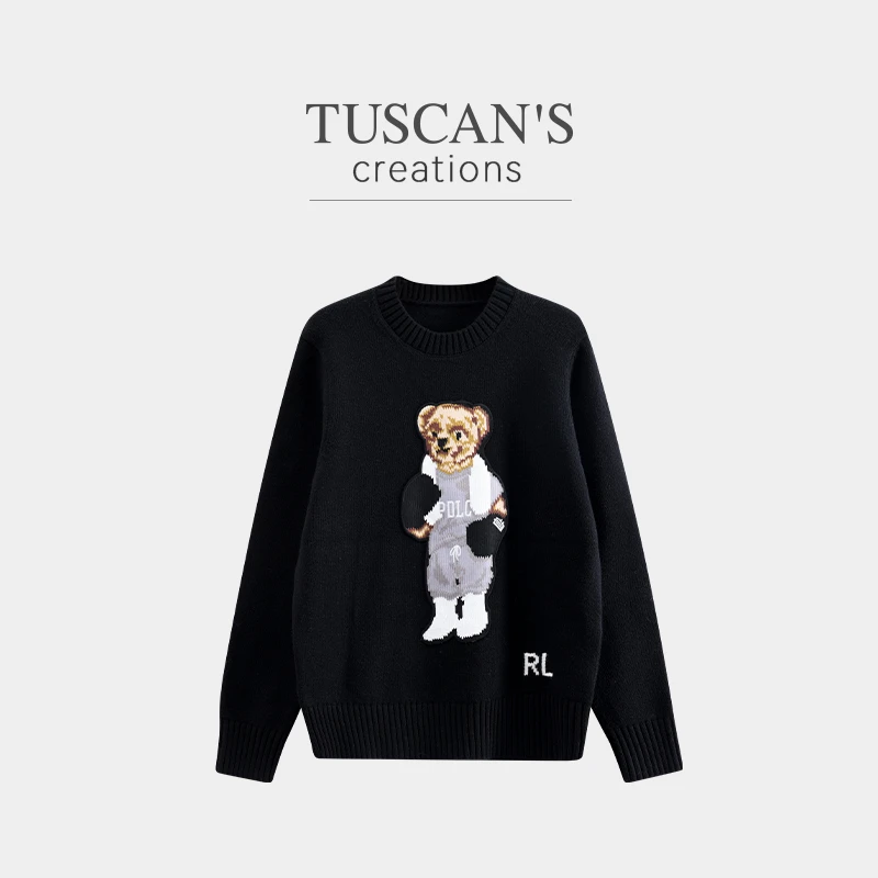 TUSCAN'S CREATIONS潮流百搭可爱卡通小熊宽松圆领毛针织衫女