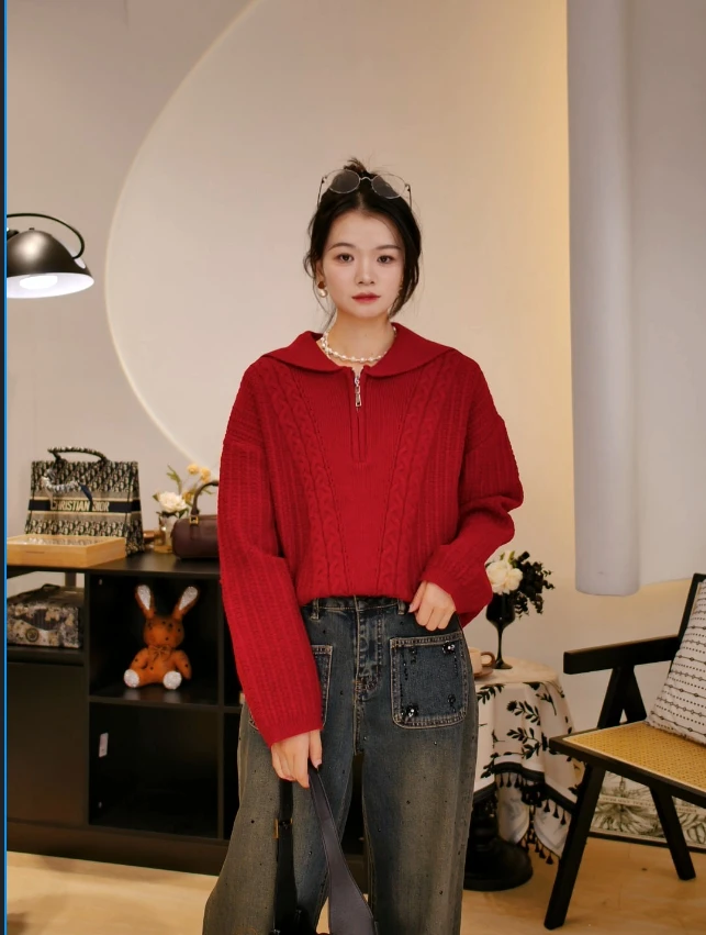 2024深冬新款纯色设计感针织衫复古慵懒风含羊毛长袖针织上衣