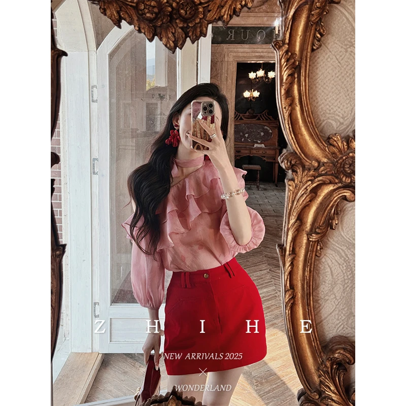 无艳一禾【沙伦蔷薇】法式人丝欧根纱荷叶领上衣+100棉牛仔裙