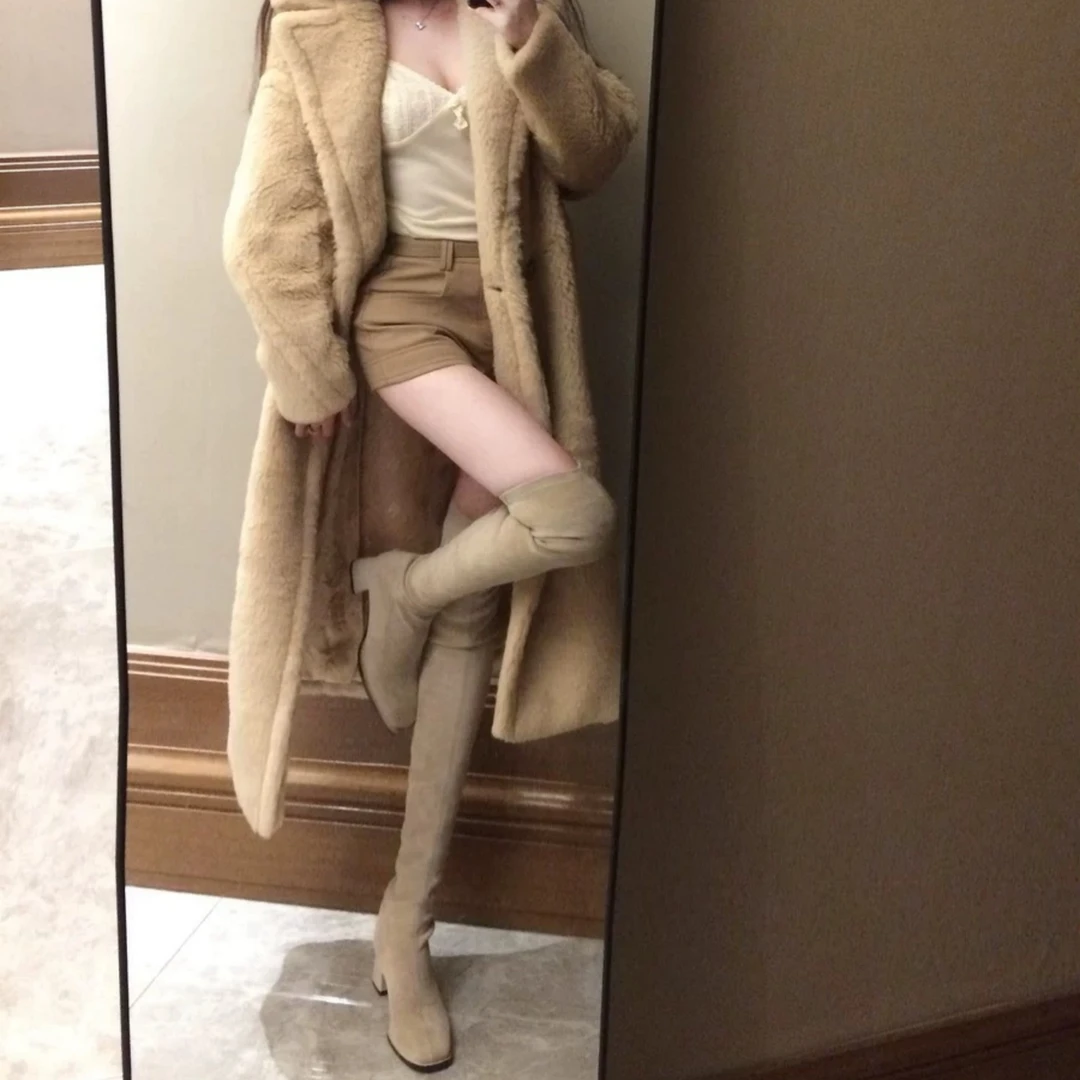 卡其色方头弹力瘦瘦靴5050秋冬款加绒中跟过膝长靴女高筒靴长筒靴