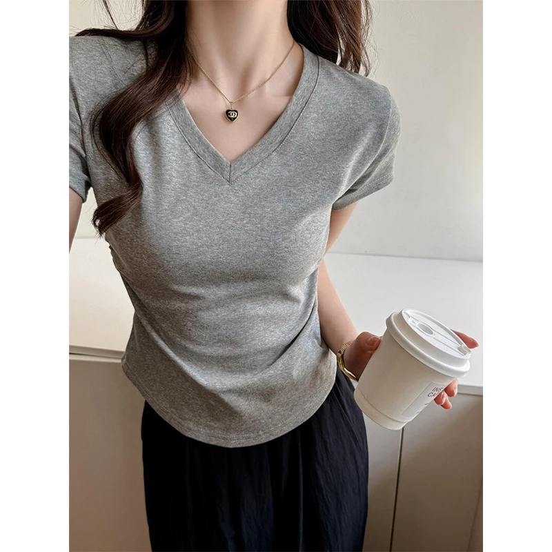 纸片人穿搭！显瘦效果绝了辣妹V领收腰抽褶正肩短袖夏季弧形下摆