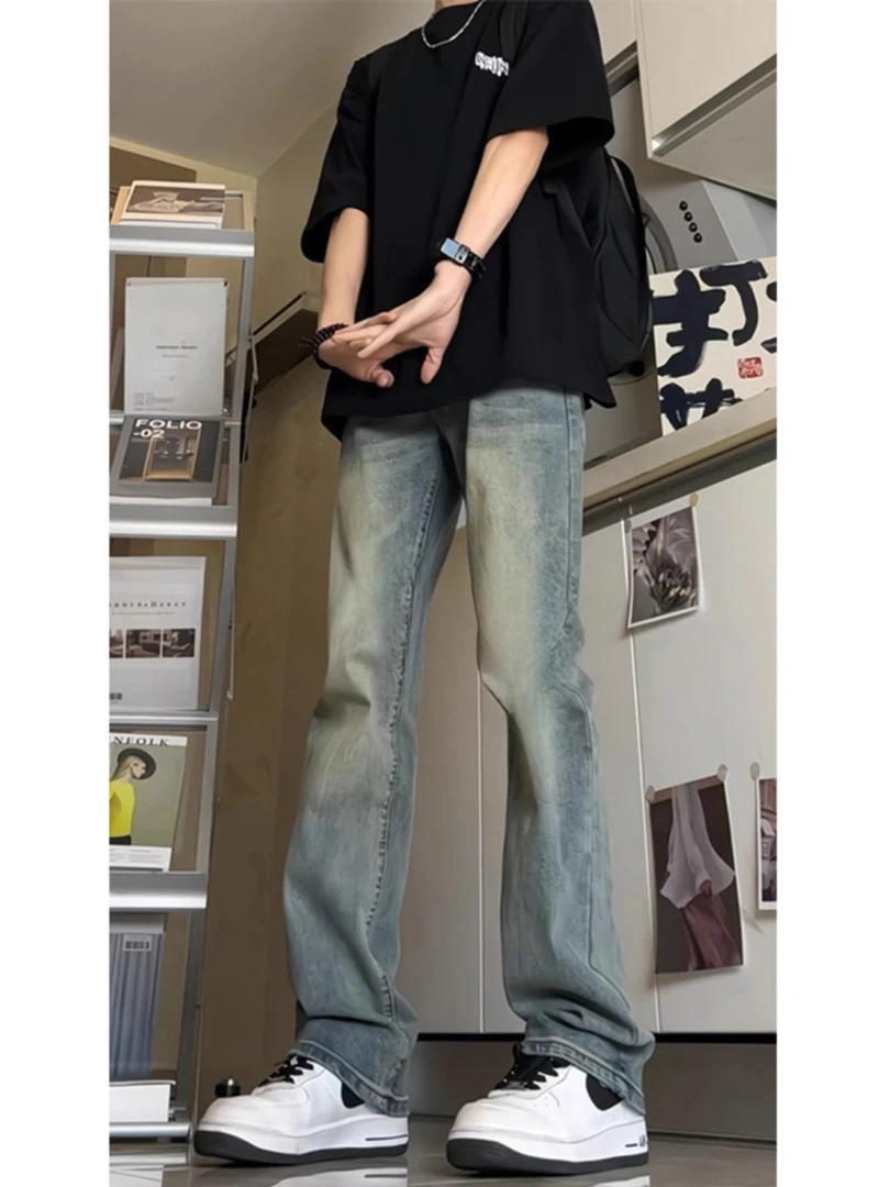 复古窄版修身牛仔裤男春秋vintage水洗美式裤子高腰显瘦微喇裤男