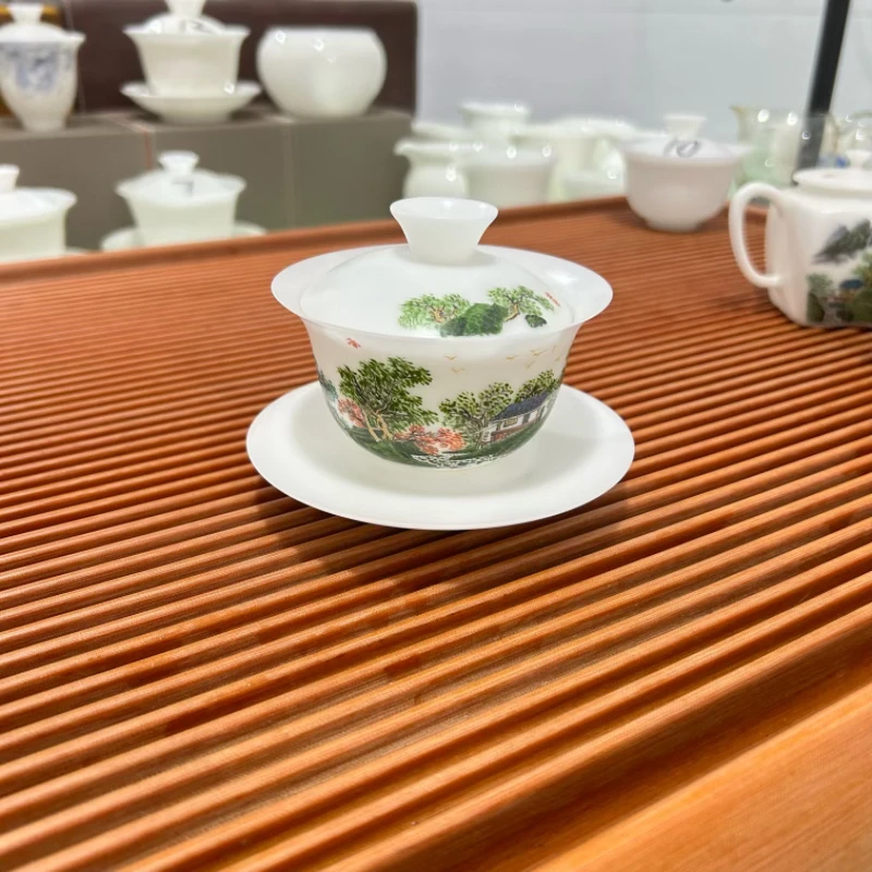 [高隐石大师作品]手绘国画风写意山水盖碗白瓷盖杯