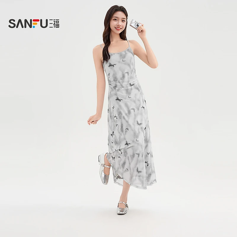 三福A型连衣裙2025夏季腰部收褶网纱蝴蝶印花长裙女装500260