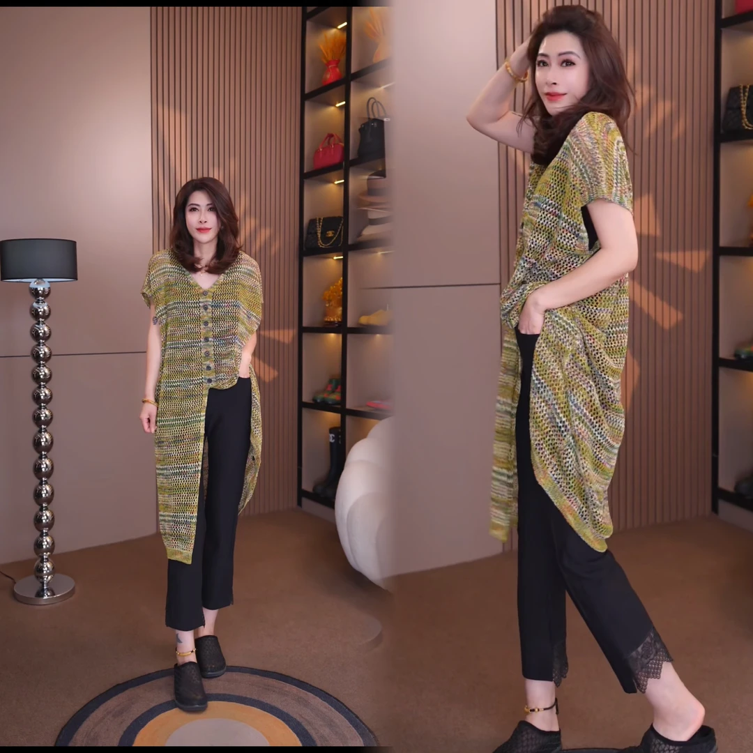 61076#《榜衣》韩版夏季新款时尚复古风单排扣下摆开叉拼接设计T恤