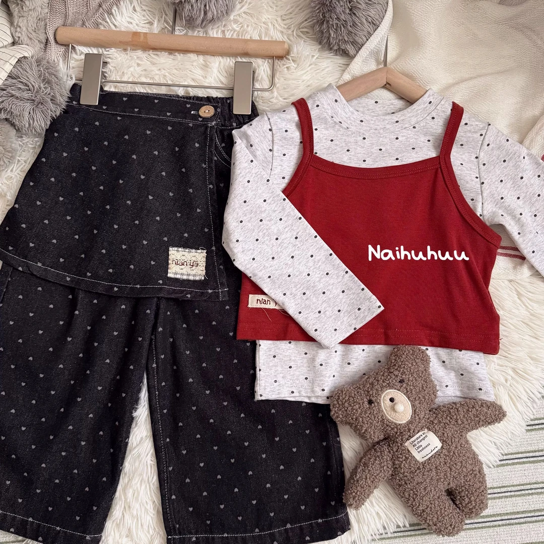 女童屁帘牛仔裤2025春装新款韩系儿童洋气时髦爱心印花阔腿休闲裤