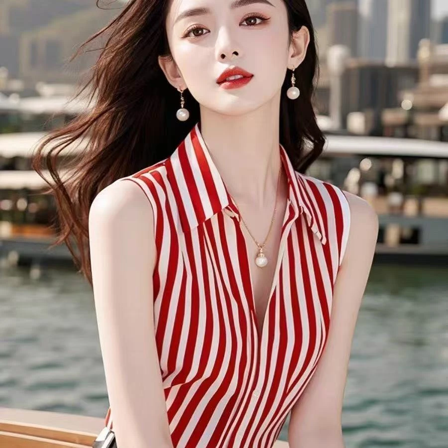 chic条纹2025衬衫夏季新款洋气高端独特别致漂亮无袖上衣红色条纹