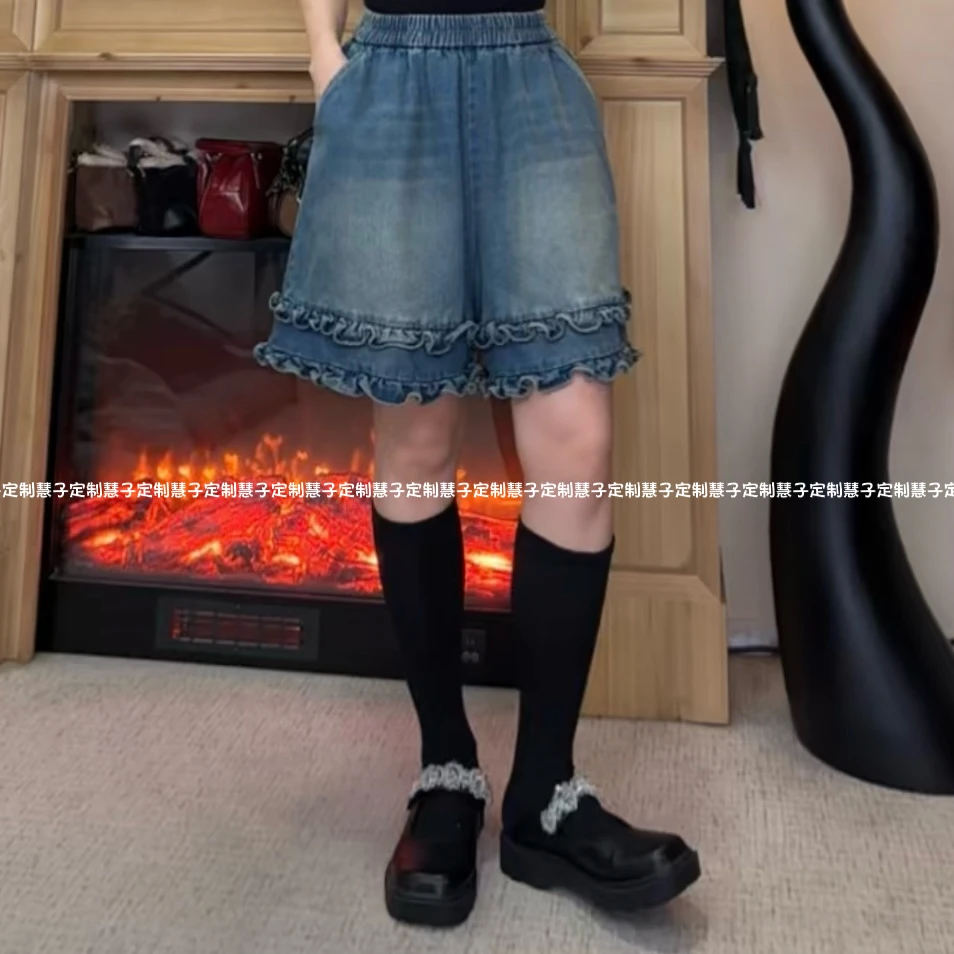 HZ “花瓣裤”原创重工洗水牛仔双层蕾丝花边时尚喷白工艺牛仔短裤