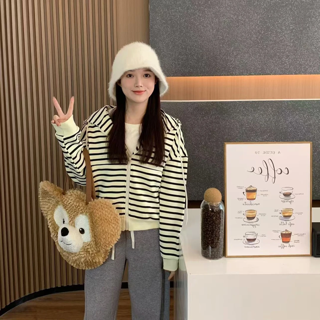 小羽酱小个子定制秋冬韩系慵懒休闲百搭加绒条纹连帽拉链卫衣外套