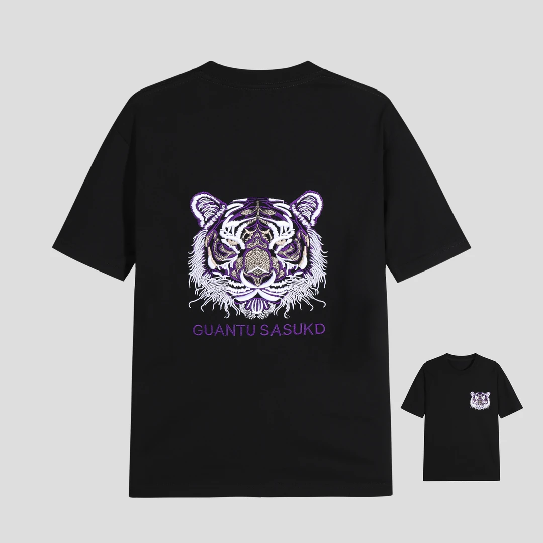 【花1】百搭夏季经典国风短袖紫虎刺绣T恤 y321