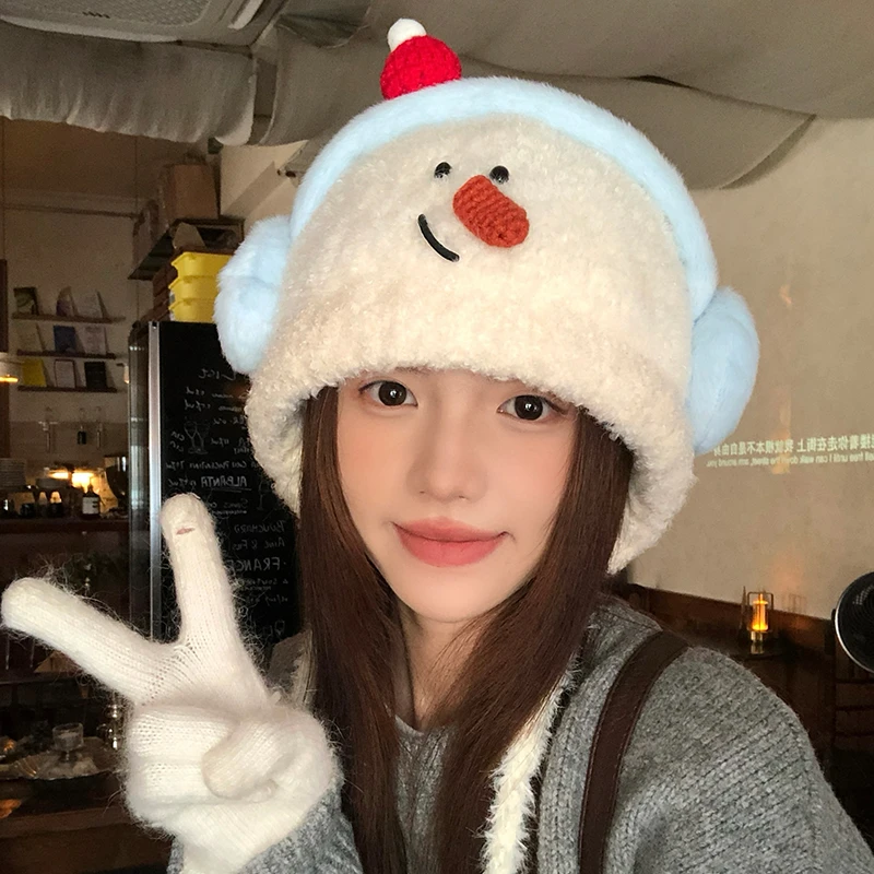 耳机雪人毛绒雷锋帽女冬季可爱显脸小保暖防寒针织帽套头护耳帽子