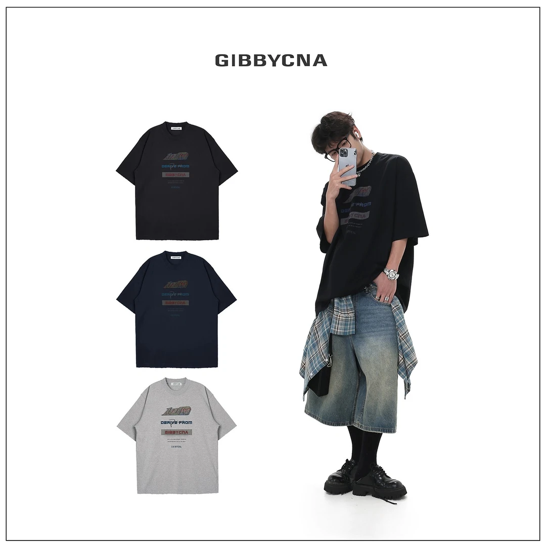 GBofficial*主线复古做旧爆裂印花短袖T恤男潮牌宽松休闲情侣半袖
