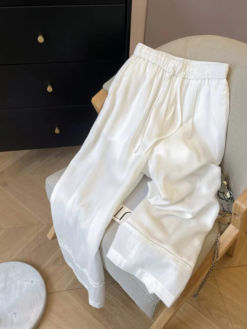 Coco 松紧抽绳镂空设计亚麻裤