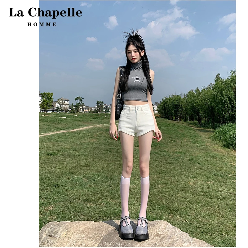 拉夏贝尔白色牛仔裤女夏季薄款2025新款高腰显瘦a字弹力紧身热裤