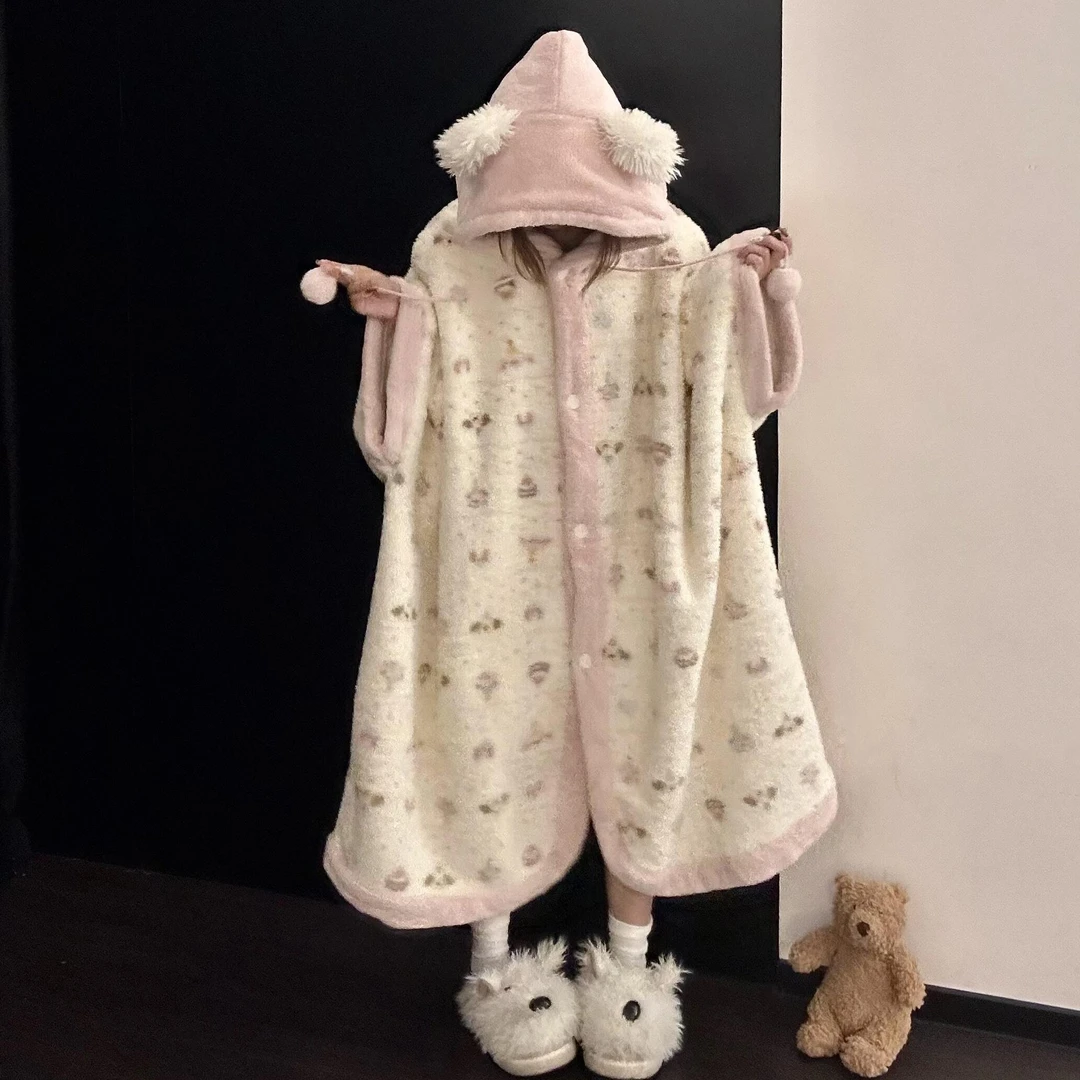【DMXJ大梦想家】甜美卡通法兰绒睡裙女冬季新款连帽保暖家居服睡袍