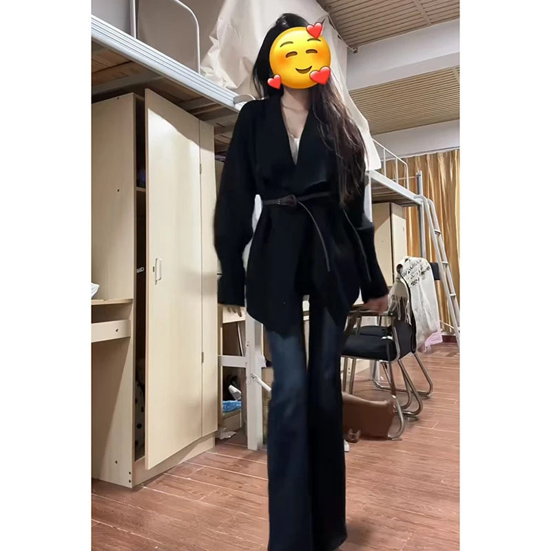 【薄荷雪糕】慵懒风休闲宽松长袖气质系带短款大衣外套紧身牛仔裤女