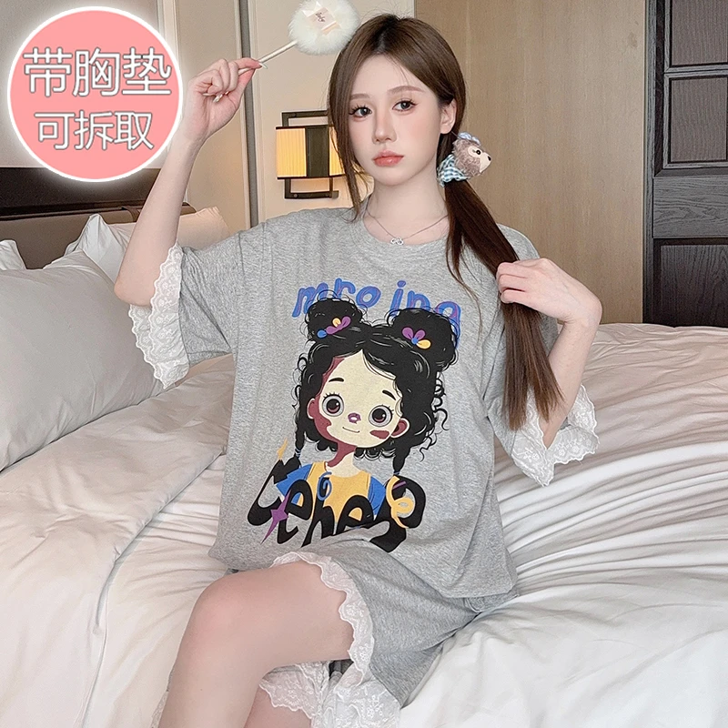带胸垫大码胖M睡衣女夏季短袖纯棉卡通甜美宽松韩版200斤套装外穿