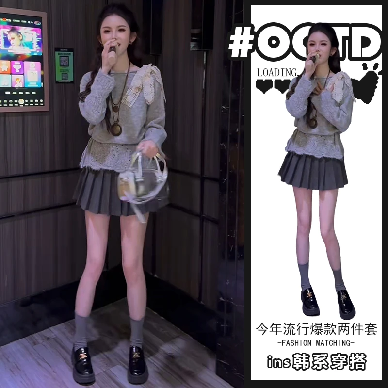 2025秋冬设计感蕾丝蝴蝶结针织衫高腰百褶裙奶系别致两件套潮