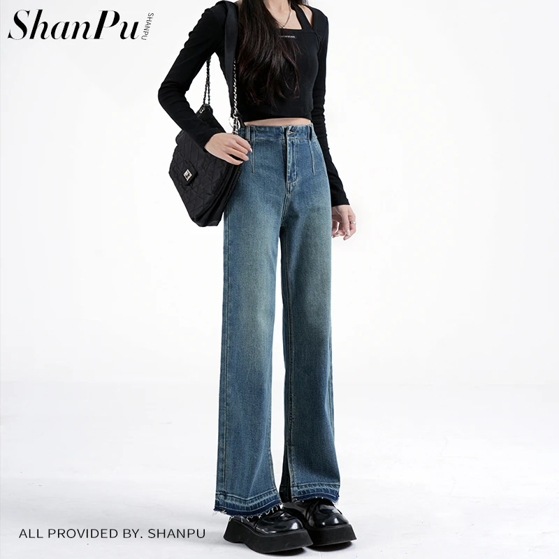 珊璞天青蓝高腰直筒牛仔裤女2025年开春新款宽松显瘦开叉烟管裤子