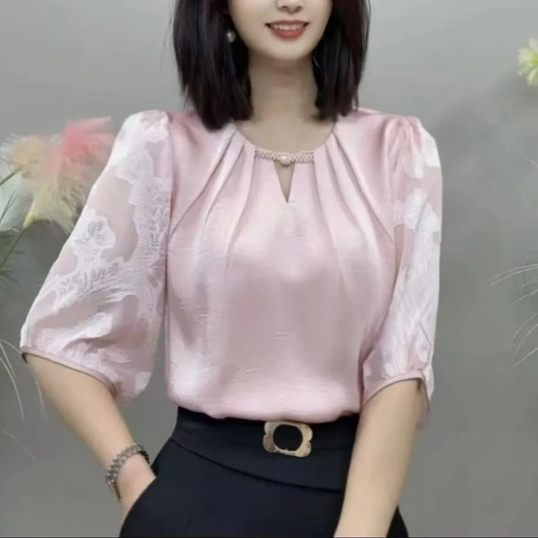 2025夏季新款时尚圆领小衫洋气显瘦衬衣拼接中袖打底衫女 #7131