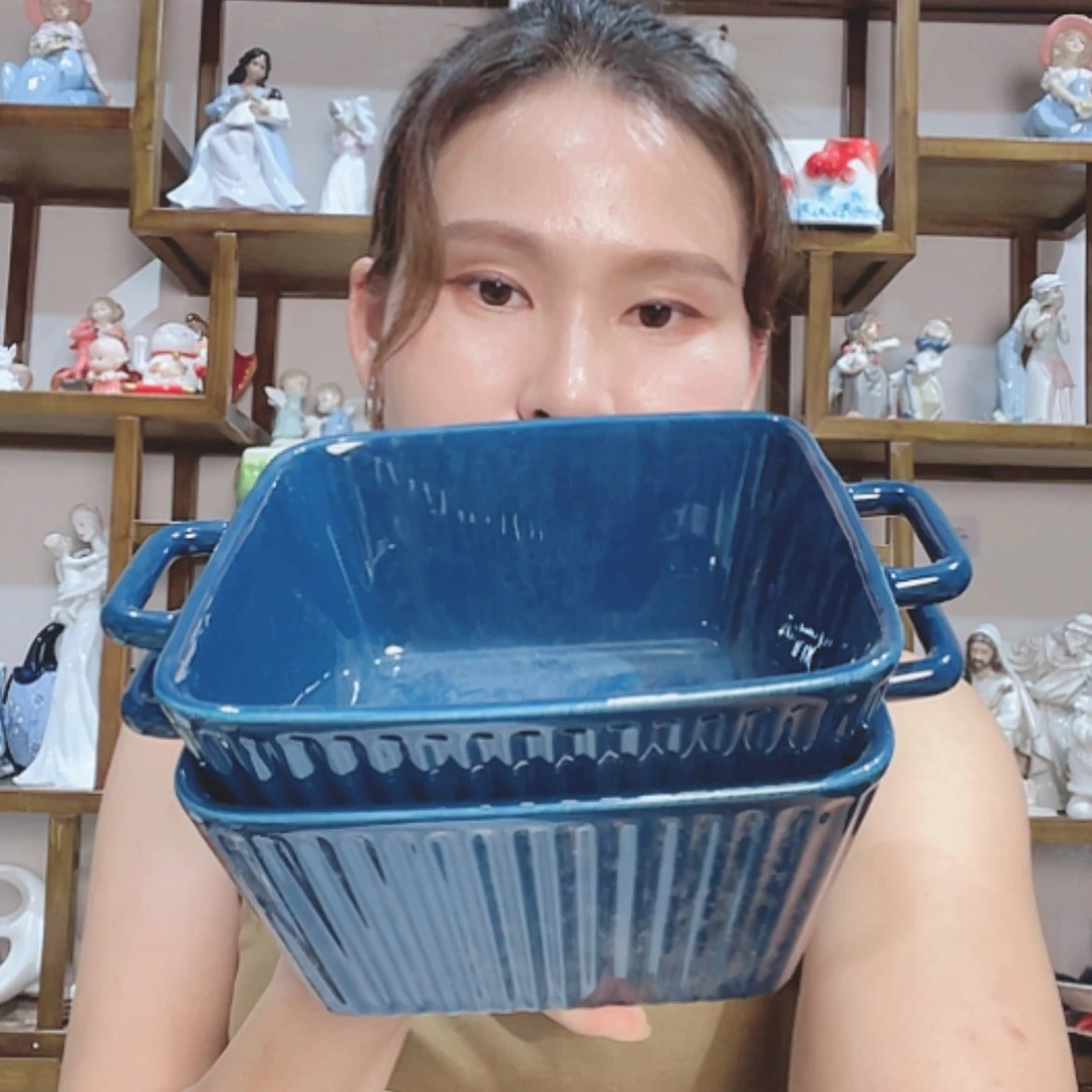 【闪购商品】摆件午****I蓝色双耳方碗2个装