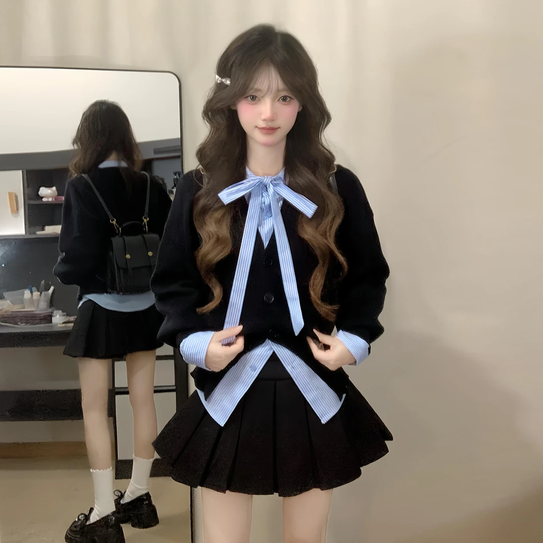 韩系学院风条纹衬衫百褶短裙套装女秋季2025新款小个子气质三件套