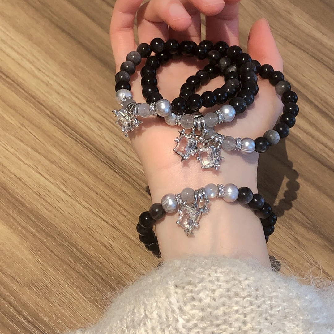 SG1732-［黑夜坠锆星］银曜石合金锆石手链均有瑕多样发中性