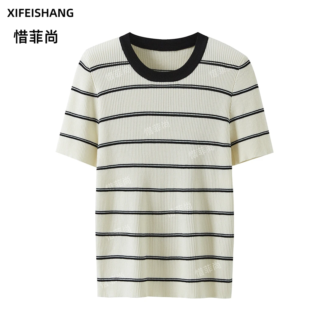 新款冰丝休闲经典舒适宽松针织衫黑纹针织短袖惜菲尚打底气质上衣