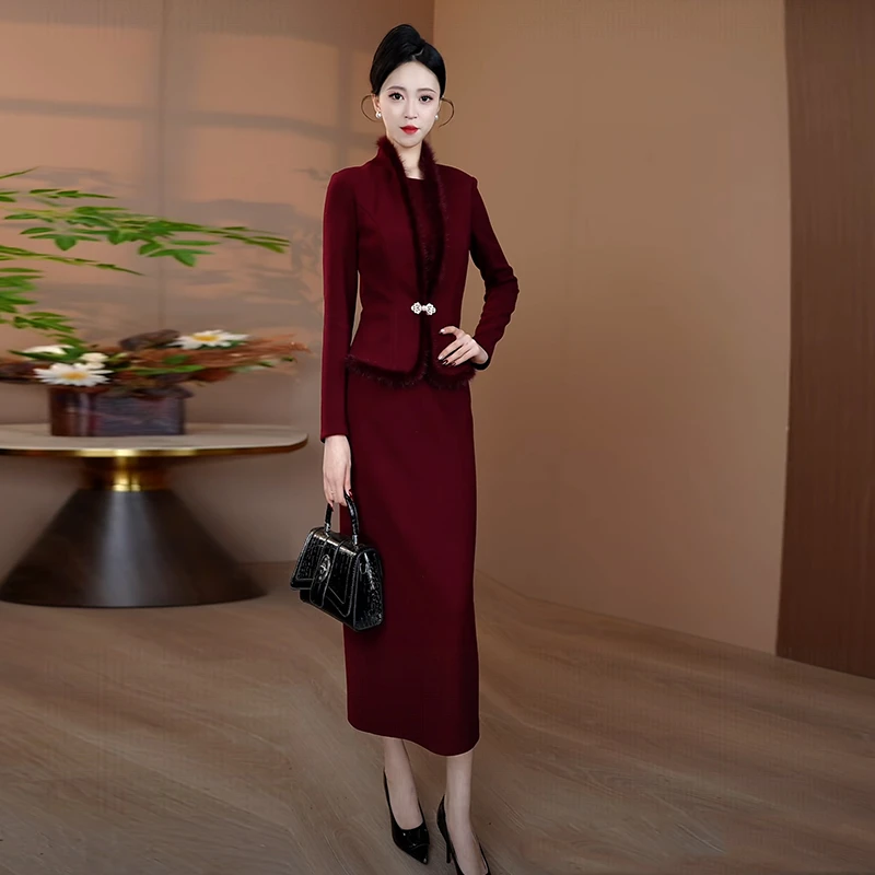 真水貂毛拼接加厚毛呢连衣裙女2025秋冬新款显瘦裙子气质修身长裙