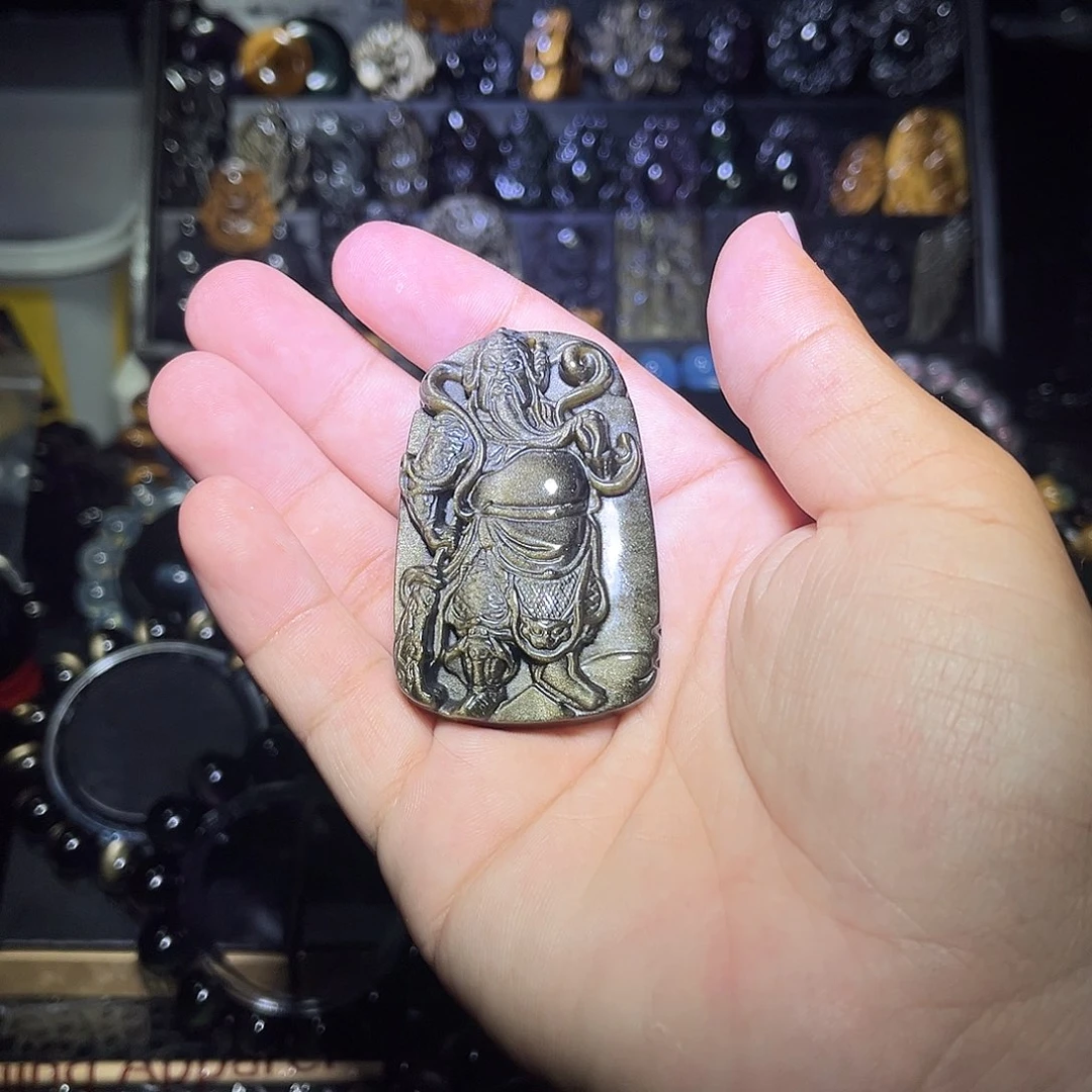 黑曜岩未镶嵌手链林*天然金曜石关公吊牌