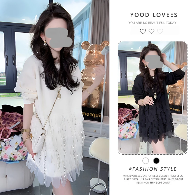 小众重工镶钻网纱拼接黑色T恤女新款别致长袖宽松显瘦气质上衣