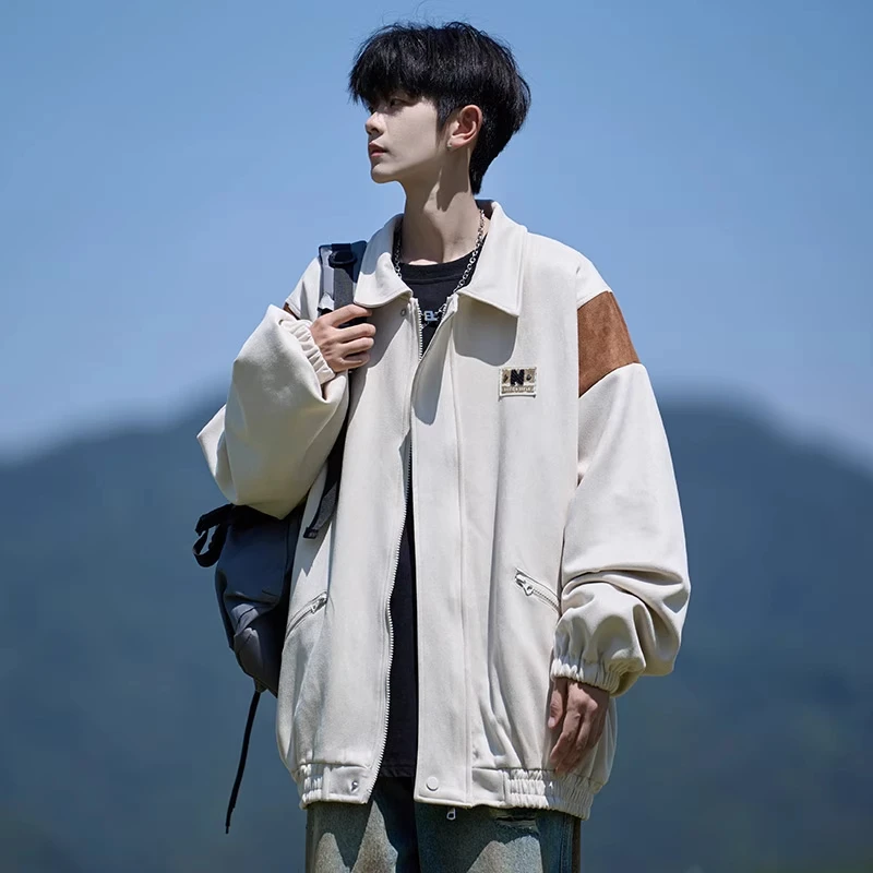 美式复古外套男春秋款撞色休闲翻领绒感夹克男士痞帅宽松秋装上衣