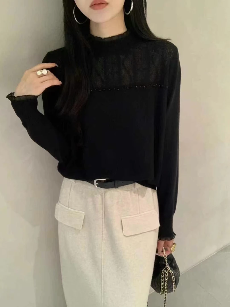 〔怡怡家〕半高领洋气勾花钉珠毛衣77323