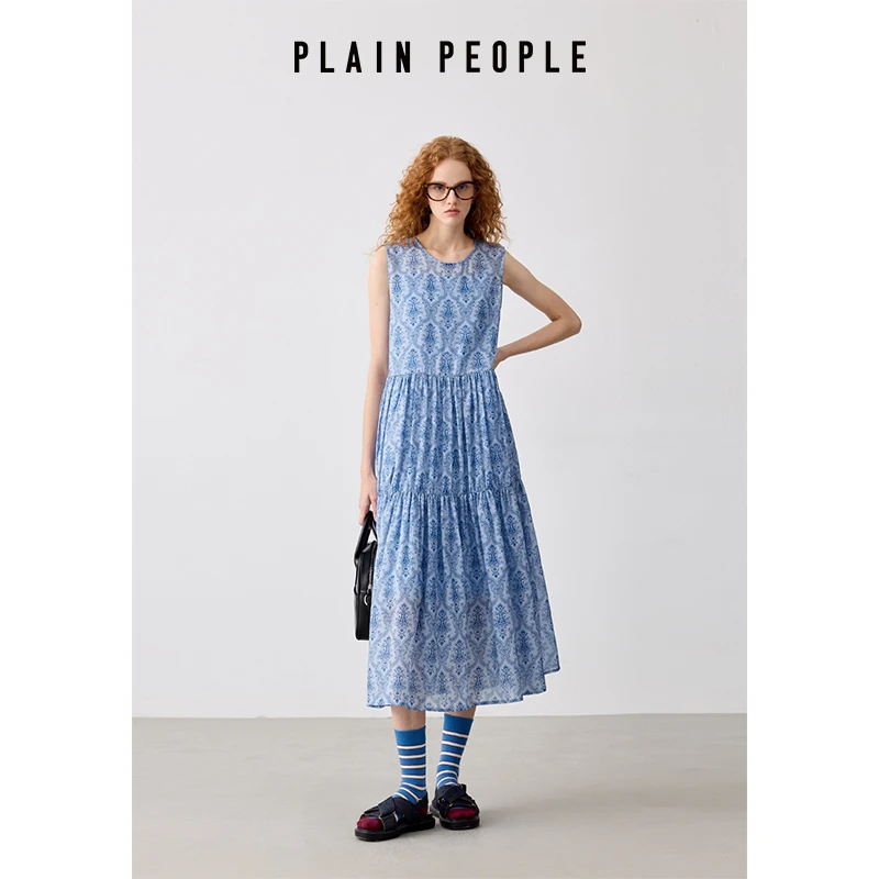 PLAIN PEOPLE法式巴洛克花卉印花圆领无袖连衣裙2025夏季新款