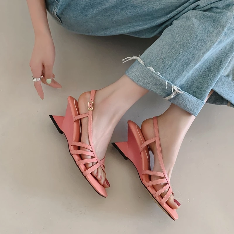 （牛皮/5厘米）简约百搭夏季露趾罗马坡跟女凉鞋细带休闲度假凉鞋