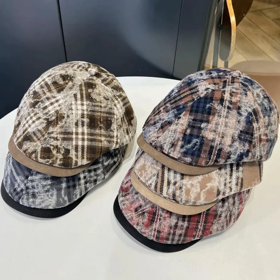 美式复古土格纹扎染文艺百搭气质英伦风显脸小鸭舌前进帽报童帽
