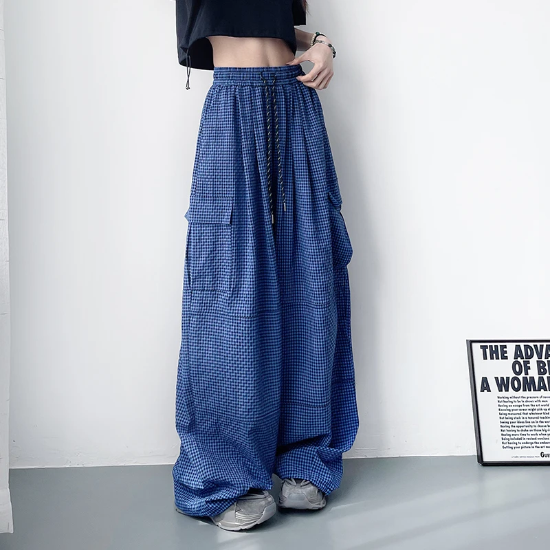 格子工装裤女夏薄款大码胖mm显瘦垂感轻薄速干跳舞运动冰丝阔腿裤
