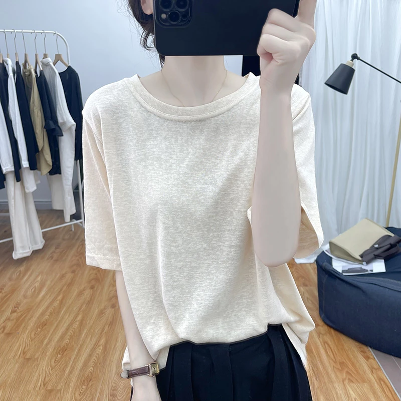 雪花棉亚麻短袖T恤女薄款上衣夏圆领宽松透气打底衫复古棉麻体恤