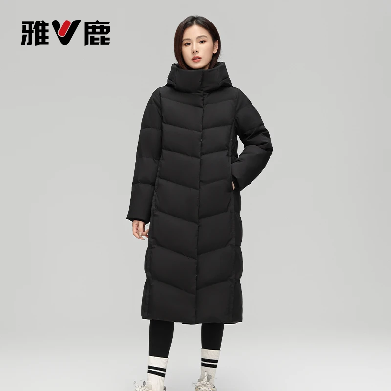 雅鹿中长款羽绒服女冬季新款过膝连帽加厚修身显瘦外套潮