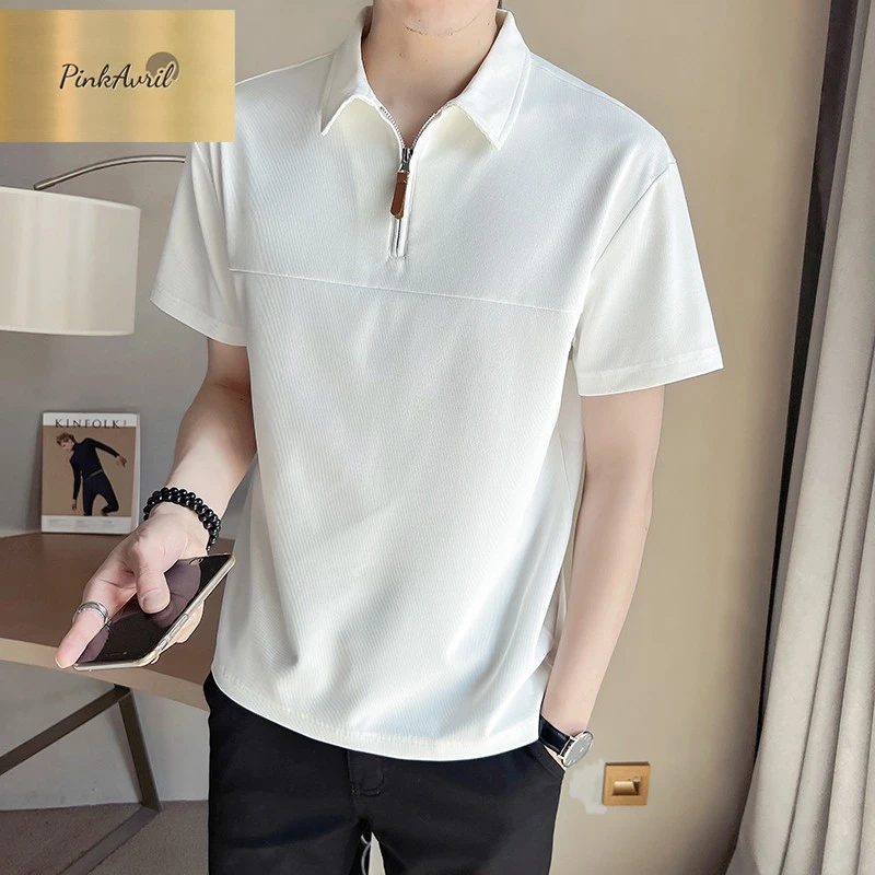PinkAvril男装轻熟风白色短袖男夏季2025新款半拉链男士T恤潮牌Po