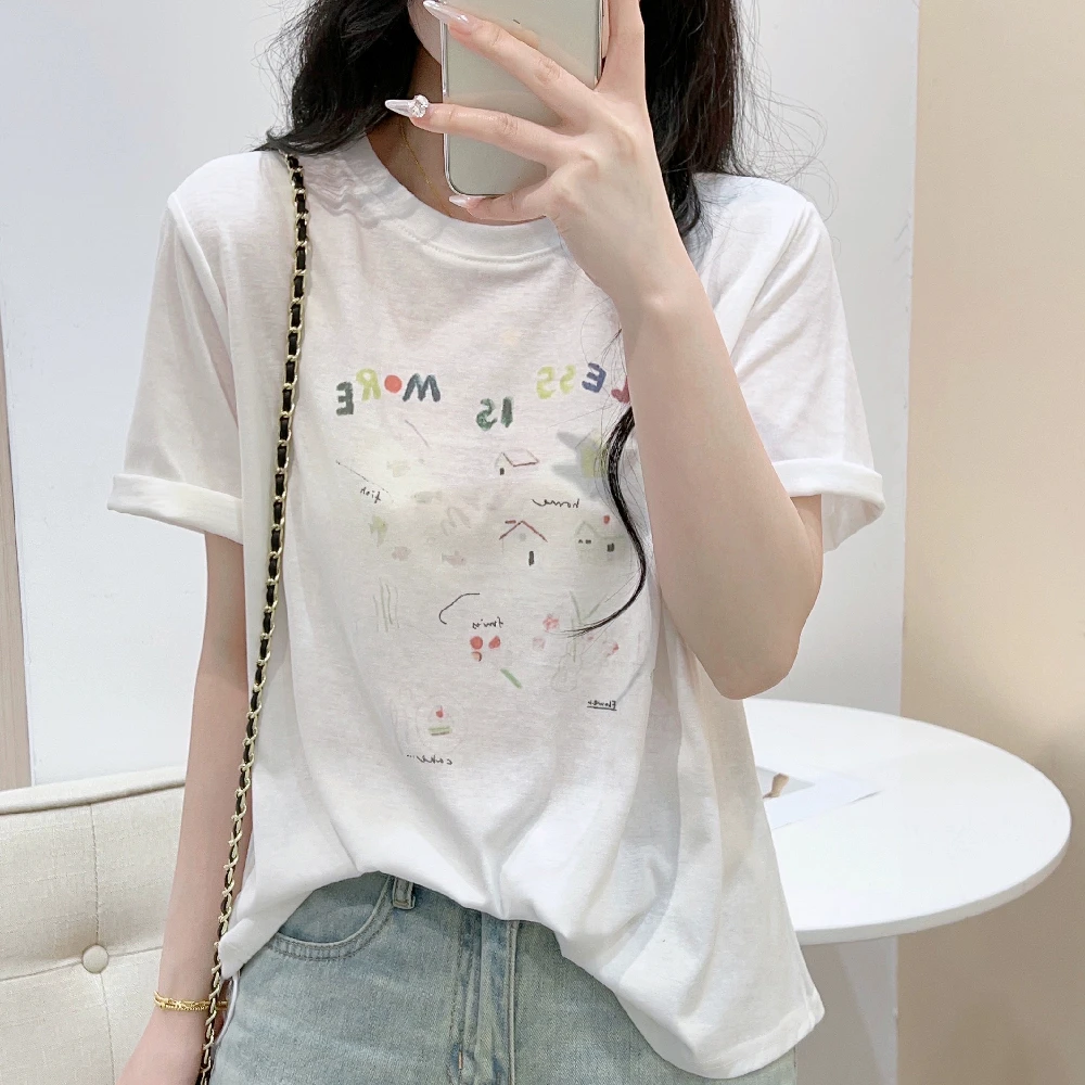 夏季新款洋气百搭宽松圆领短袖白色T恤印花别致休闲雪花棉上衣女