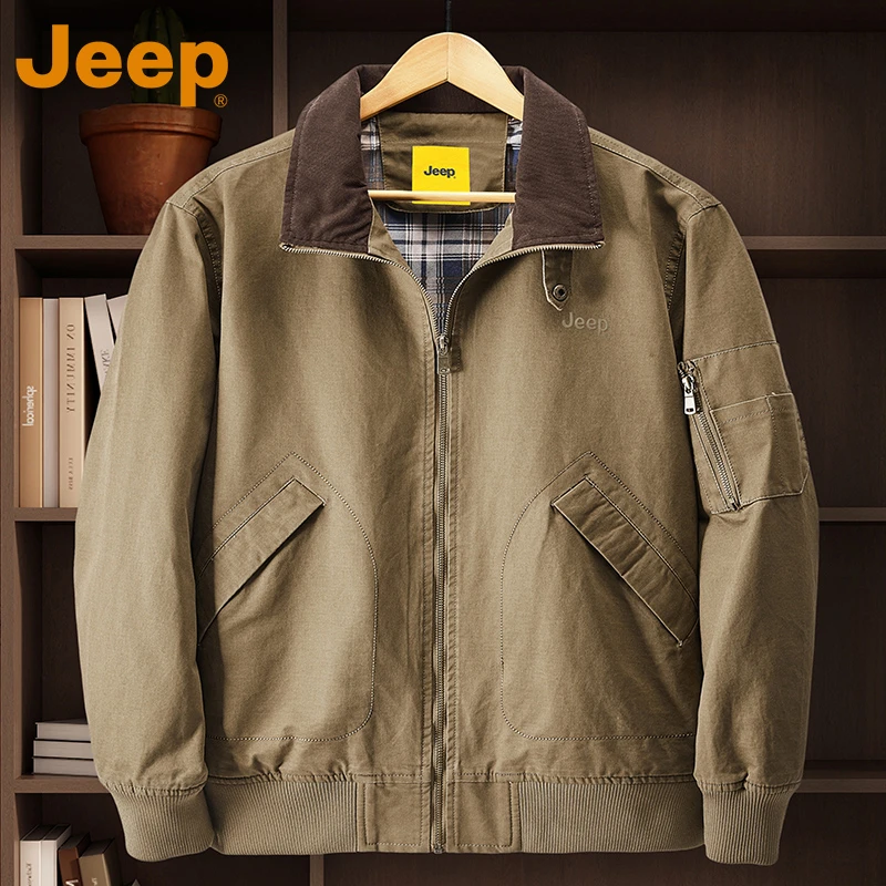 jeep吉普硬汉复古风撞色秋季新款亲肤防风翻领水洗飞行夹克外套潮