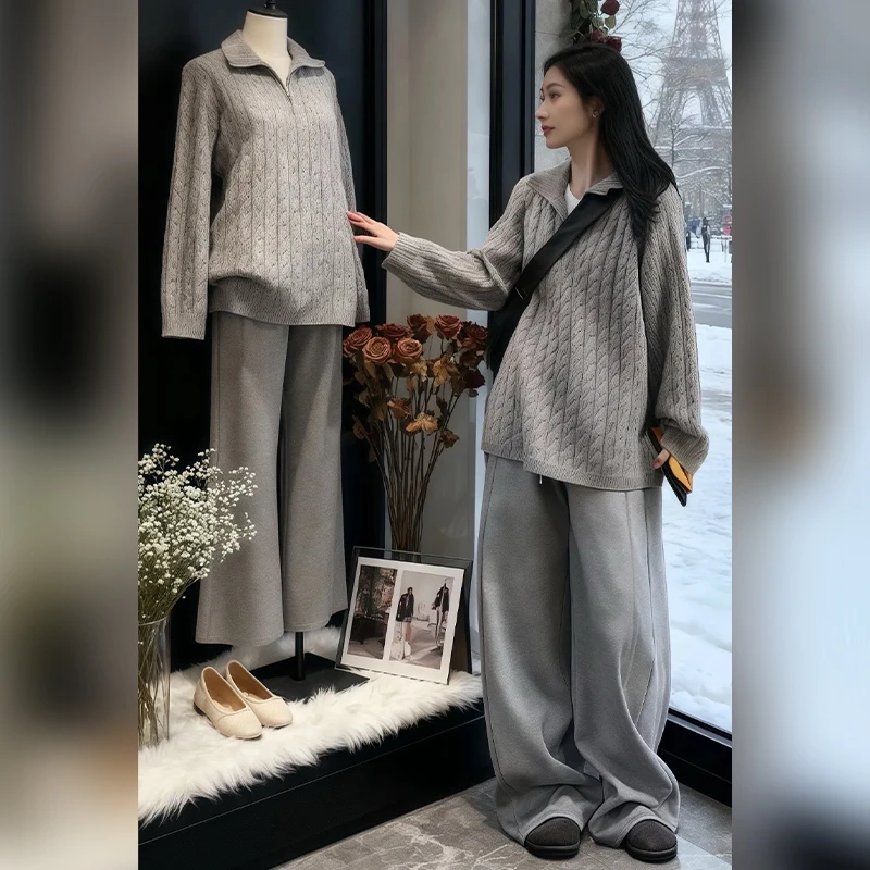 春季高级感灰色针织衫阔腿裤时尚套装女2025年显瘦百搭小众两件套