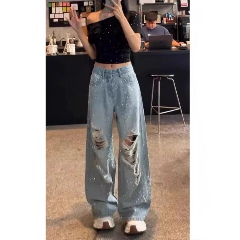 浅蓝色烫钻设计感破洞牛仔裤女夏季薄款高腰显瘦宽松直筒拖地裤子